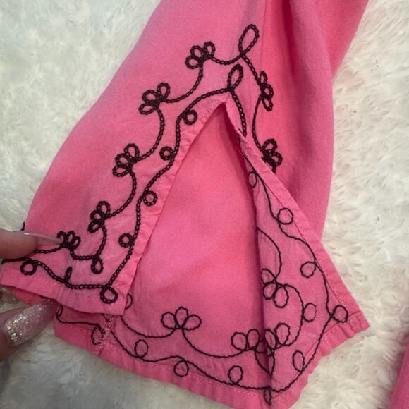 Moda International Embroidered Pink Long Sleeve Dress with Brown Trim Size M - Picture 9 of 15